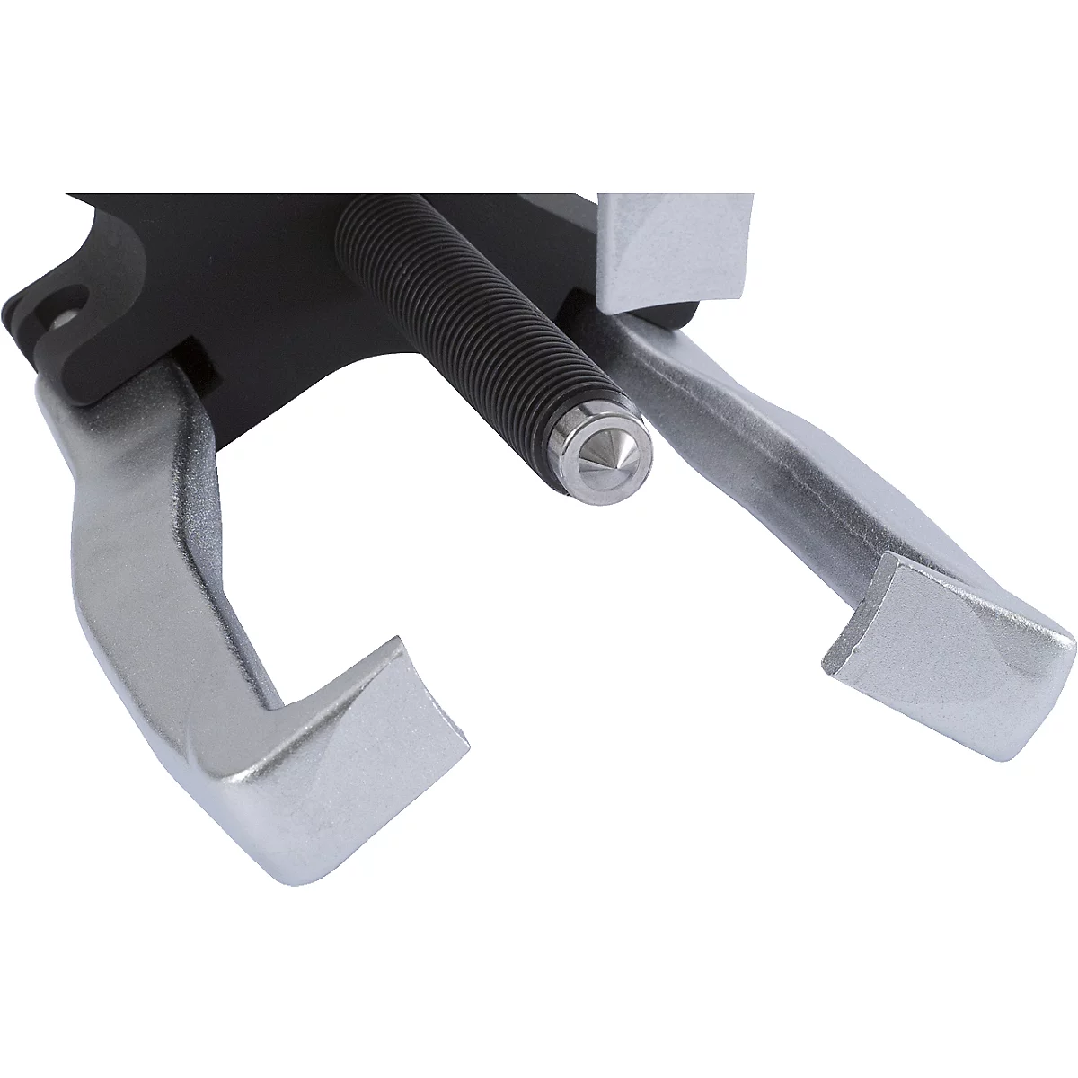 Detailaufnahme eines silbernen Abziehers für Lager. Die schwarzen Arme greifen zu.